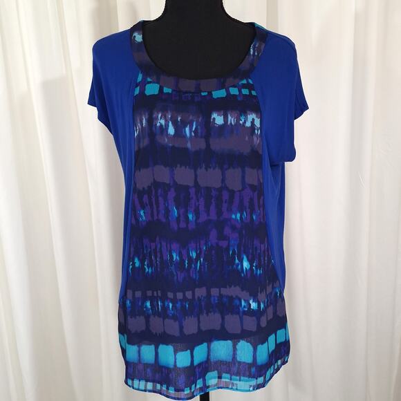 Coldwater Creek Blue Sz L/14 Blouse Abstract Print Short Sleeve Flowy Elegant - Picture 4 of 13